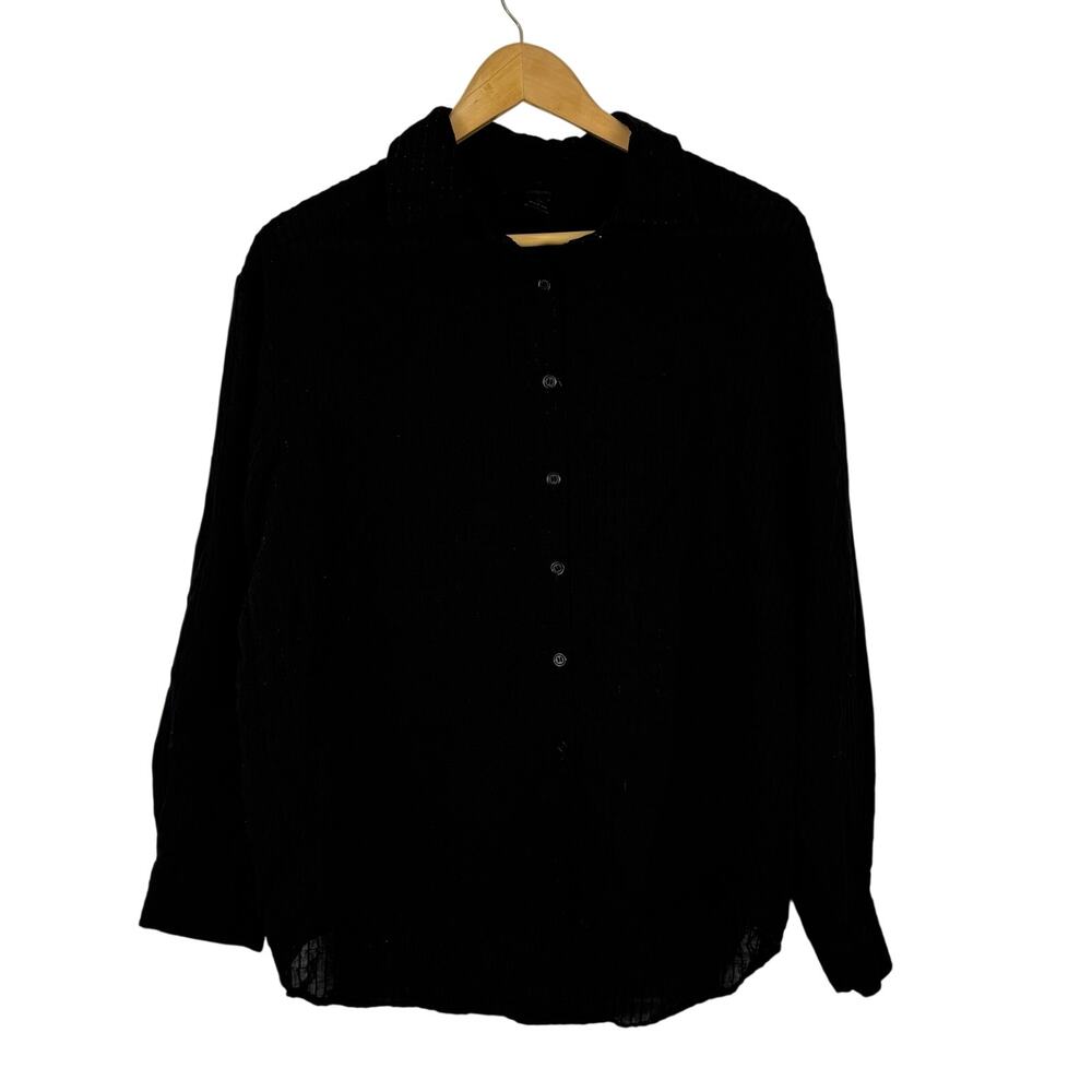Dazy Button Up Shirt Black Long Sleeve Semi Sheer Gauze Textured Dark Academia L
